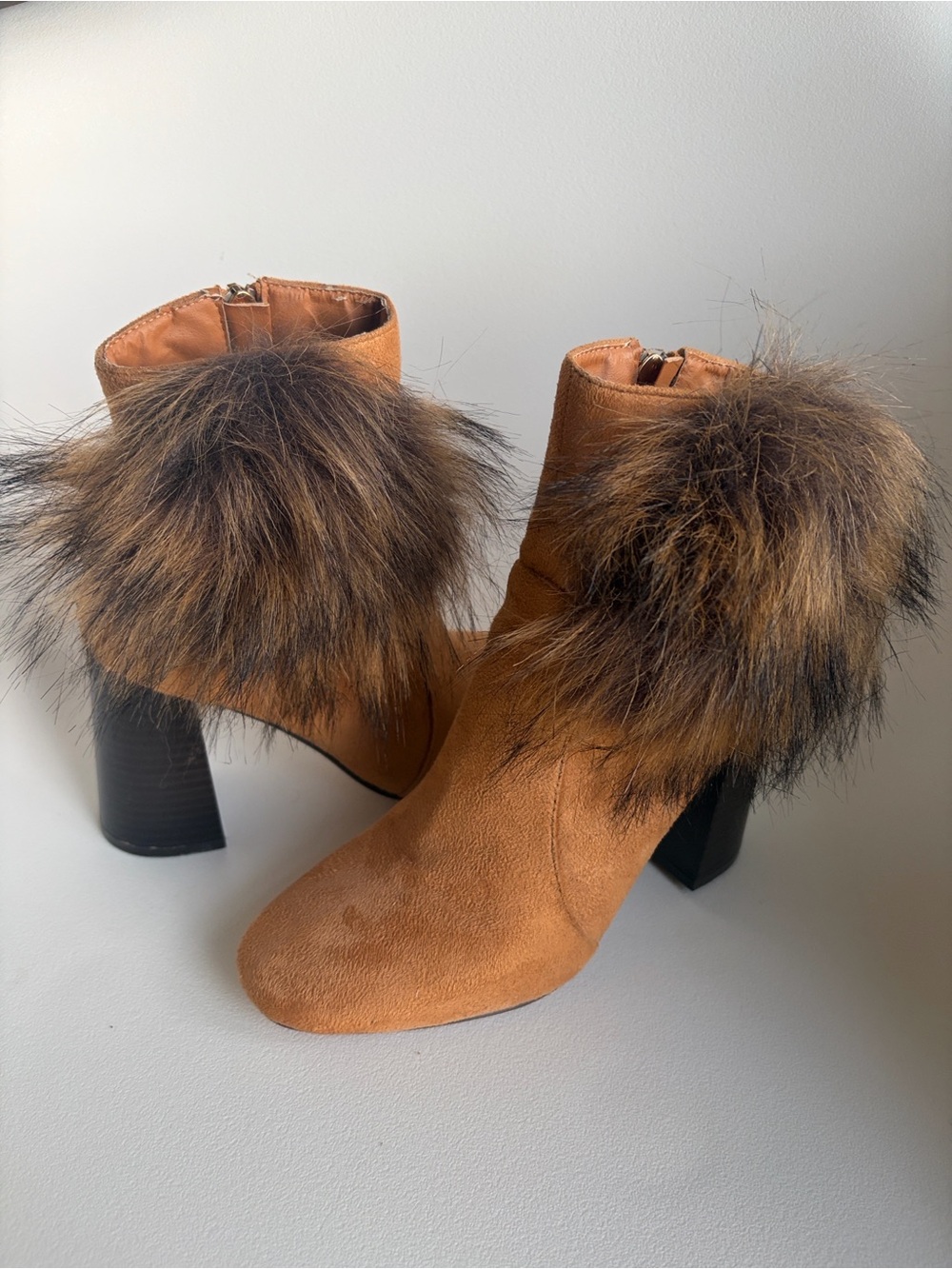 Cape Robbin Fur Trim Heeled Ankle Boots Brown US 6